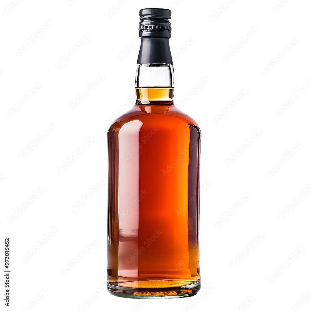 Elegant Glass Bottle of Amber Colored Spirits with Cap. Elegant Glass Bottle of Amber Colored Spirits with Cap.