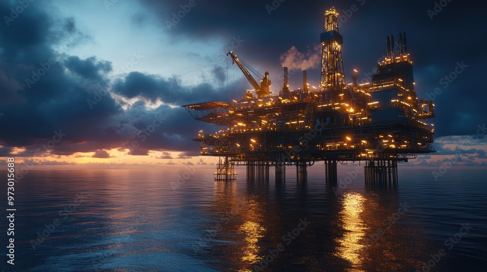 Dusk falls over an illuminated offshore oil platform, with glowing lights against a deepening sky, showcasing industrial energy production. Dusk falls over an illuminated offshore oil platform, with glowing lights against a deepening sky, showcasing industrial energy production.