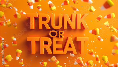 3D Halloween Promotional Graphic Featuring 'Trunk or Treat' with Flying Candy Corn