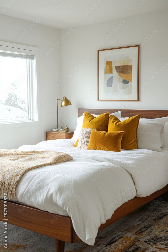 A photo of a mid century modern interior in a cozy bedroom with white walls hanging with art frames and a bed for sleeping. Generative AI
A photo of a mid century modern interior in a cozy bedroom with white walls hanging with art frames and a bed for sleeping. Generative AI