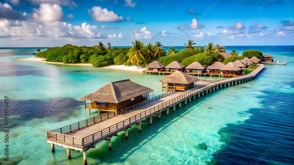 Obraz premium captivating aerial view of a secluded island resort, showcasing luxurious overwater bungalows perched above the crystal-clear turquoise waters