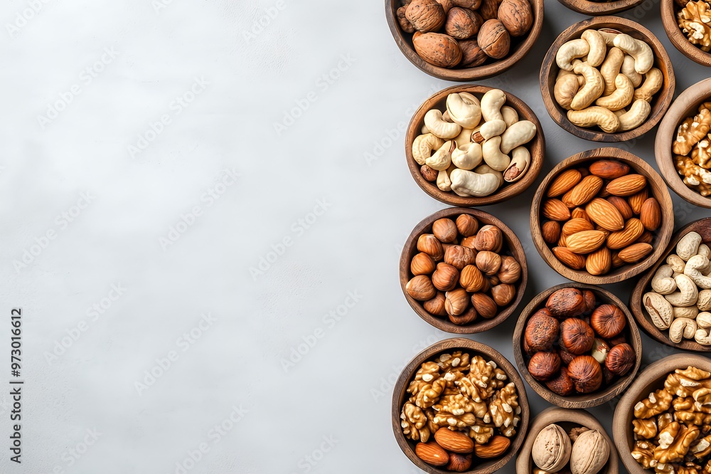 Assorted nuts in wooden bowls on a white background. Assorted nuts in wooden bowls on a white background.