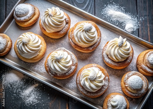 A tray of freshly baked Spanish piononos overflows with whipped cream, powdered sugar dusting the flaky pastry rings in a sweet and vibrant display. photo