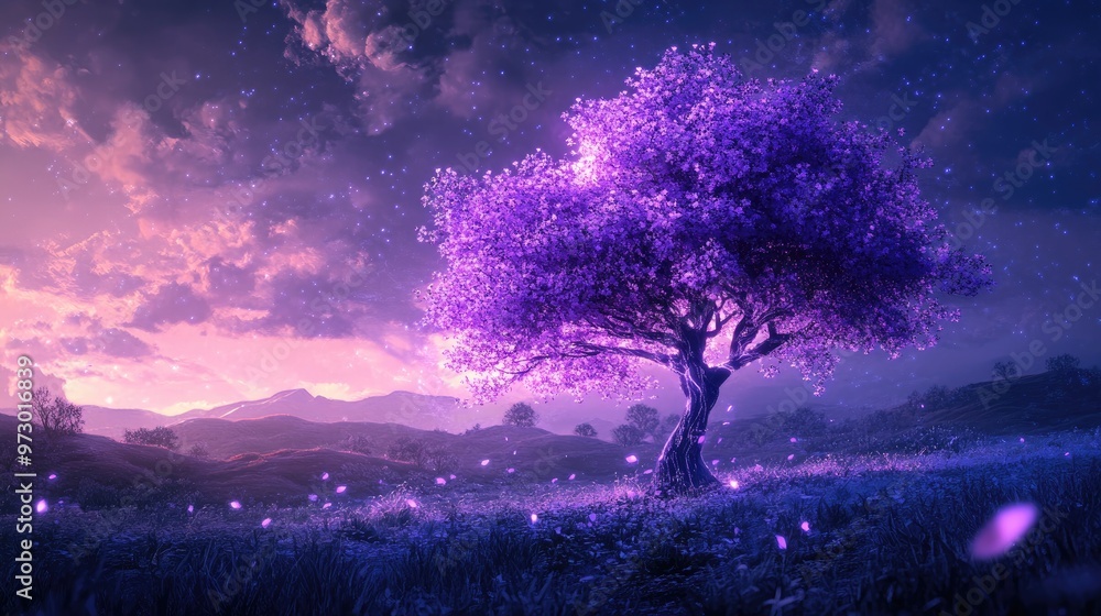 Enchanting purple tree with glowing leaves, standing tall in a mystical, fantasy landscape Enchanting purple tree with glowing leaves, standing tall in a mystical, fantasy landscape