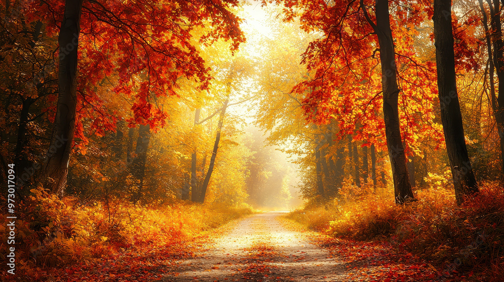 Obraz premium Serene autumn pathway lined with vibrant orange and yellow foliage, illuminated by soft sunlight filtering through trees