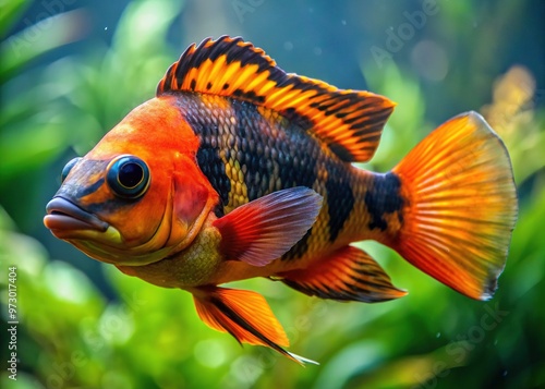 A vibrant orange and black fish flaunts its unique head shape and prominent jawline as it swims effortlessly through clear, calm water with minimal current. photo