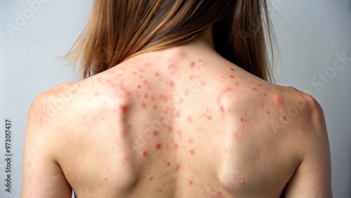 A vibrant red rash spread across the back of a young woman, characterized by scale-like patches and a butterfly-like pattern of inflammation. photo