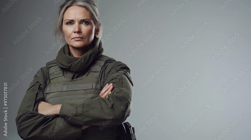 Confident Southern European Female Soldier, Military Uniform, Tactical Gear, Professional Portrait Confident Southern European Female Soldier, Military Uniform, Tactical Gear, Professional Portrait