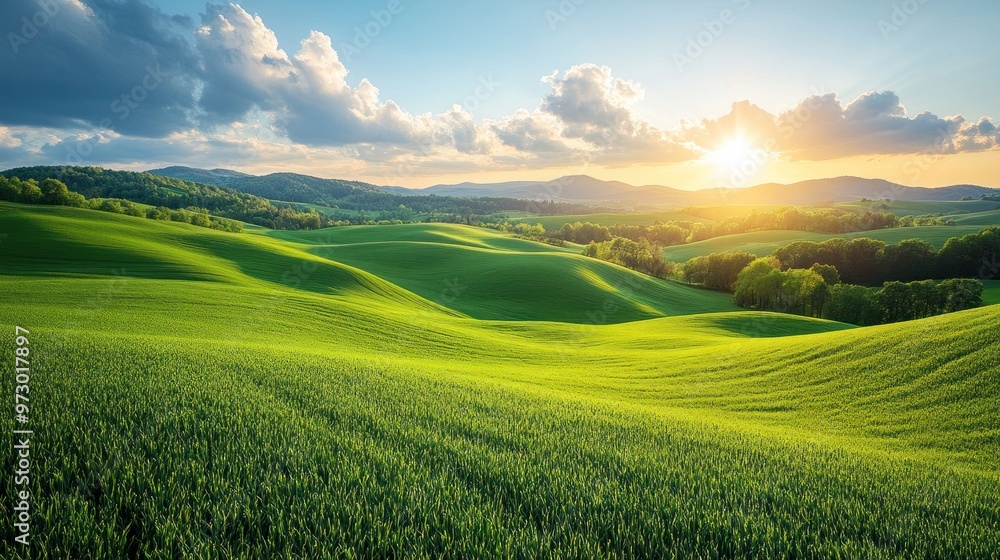 Fototapeta premium Serene landscape at sunrise with rolling green hills and trees.