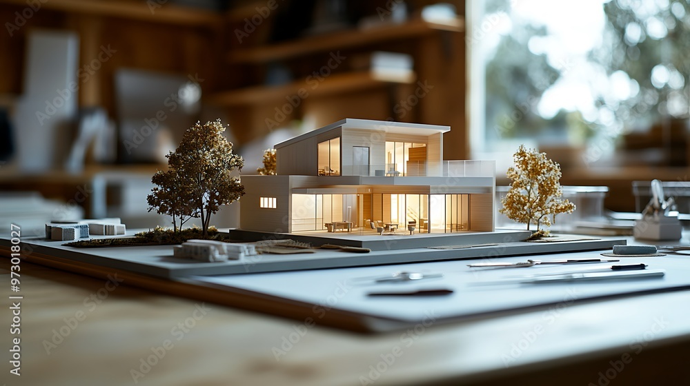 Architectural model of a house placed on a design desk, surrounded by tools and materials, with sharp focus and natural light enhancing the scene Architectural model of a house placed on a design desk, surrounded by tools and materials, with sharp focus and natural light enhancing the scene