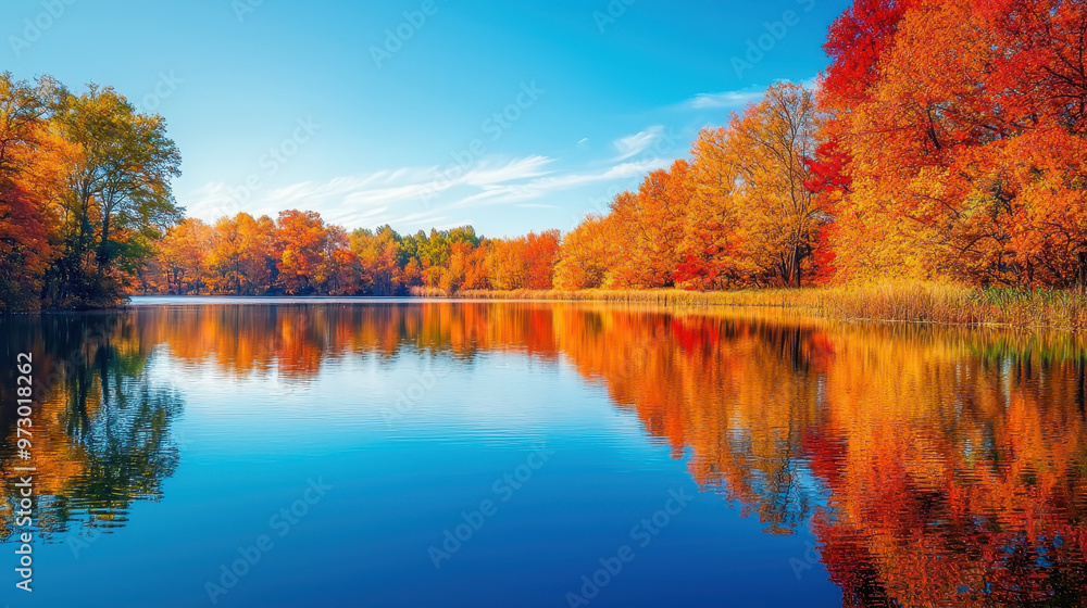 Tranquil autumn landscape reflecting vibrant trees in a serene lake under a clear blue sky Tranquil autumn landscape reflecting vibrant trees in a serene lake under a clear blue sky