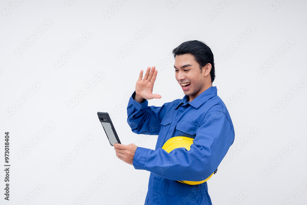 An overseas migrant construction worker enthusiastically video calling on his phone, showing excitement in connecting with family. Concept of family connections and technology use.