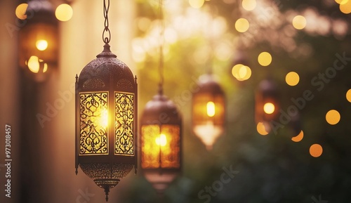 Three ornate lanterns hanging against a softly glowing, warm background during an evening celebration or Ramadan Kareem