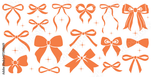 Simple hand drawn colorful ribbon bow collection. Bowknot for decoration, big set of bowtie. Large retro handdrawn ribbon illustration set. Set of various cartoon bow knots, gift ribbons. Multicolored
