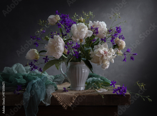 Still life with white peonies and delphinium on a dark background