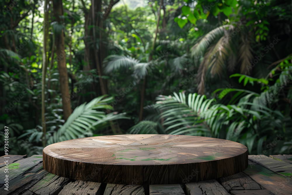 Wooden podium in tropical forest for product. Generative Ai. Wooden podium in tropical forest for product. Generative Ai.