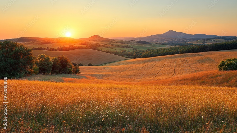 Obraz premium Serene sunset over rolling hills and vibrant fields.
