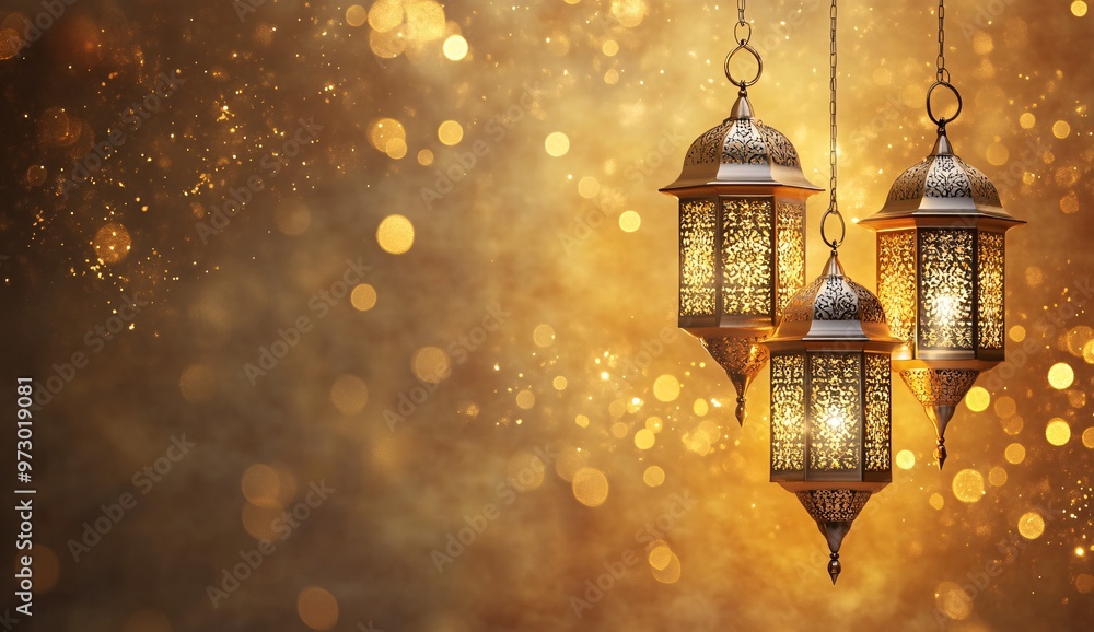 Three ornate lanterns hanging against a softly glowing, warm background during an evening celebration or Ramadan Kareem Three ornate lanterns hanging against a softly glowing, warm background during an evening celebration or Ramadan Kareem