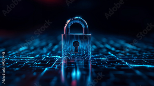 Security Concept: Front View of a Lock Symbol on a Digital Screen, Representing Technology, Data Protection, Cybersecurity, and Encryption in Modern Digital Environments and IT Systems. photo