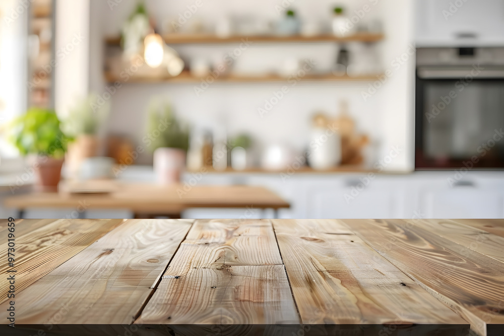 Wooden table top on blur kitchen room background,Modern Contemporary kitchen room interior. Generative Ai. Wooden table top on blur kitchen room background,Modern Contemporary kitchen room interior. Generative Ai.
