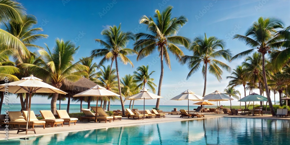 a luxurious resort pool overlooking the vast ocean, framed by swaying palm trees and inviting lounge chairs a luxurious resort pool overlooking the vast ocean, framed by swaying palm trees and inviting lounge chairs