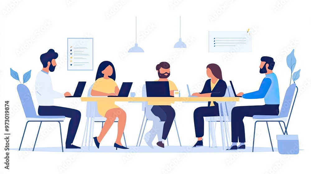 Five People Collaborating at a Table Using Laptops Five People Collaborating at a Table Using Laptops