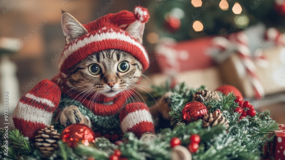 Pet-themed Christmas wreath adorned with miniature sweaters and hats, with a cat playfully interacting in a warm holiday home setting. Christmas, New Year Pet-themed Christmas wreath adorned with miniature sweaters and hats, with a cat playfully interacting in a warm holiday home setting. Christmas, New Year