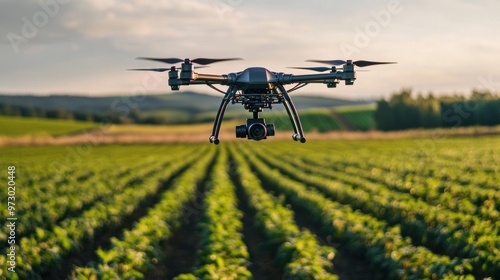 A drone equipped with infrared cameras flying over a crop field to monitor growth and detect any irrigation issues