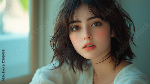 Close-up Portrait of a Young Woman with Wavy Hair in Soft Natural Light