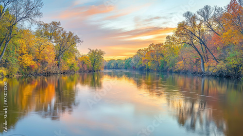 Serene river landscape at sunset with vibrant autumn foliage reflecting on calm waters in a tranquil rural setting