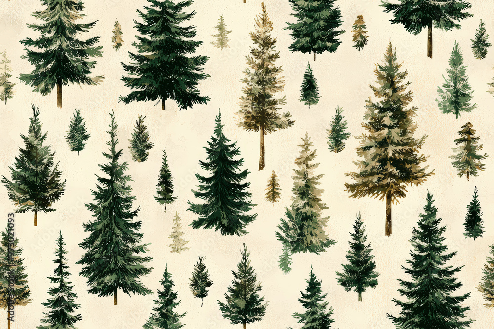Fototapeta premium A serene woodland scene featuring variety of vintage botanical Christmas trees, creating peaceful and festive atmosphere. lush greenery adds touch of natures beauty