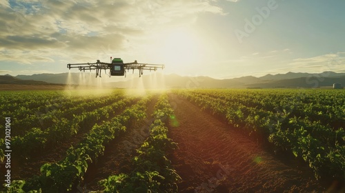 A field of crops being watered by a robotic irrigation system that moves autonomously between rows, guided by GPS and sensor feedback