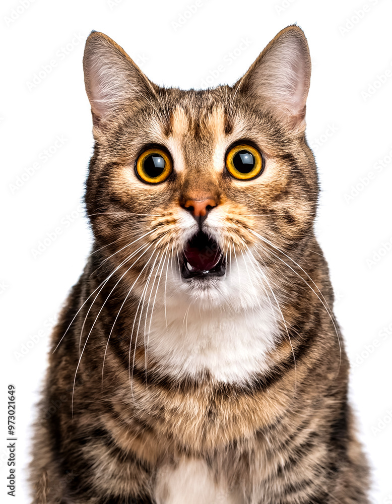 Obraz premium Adult cat with funny expression, surprised or shocked and open mouth looking at camera isolated on white background