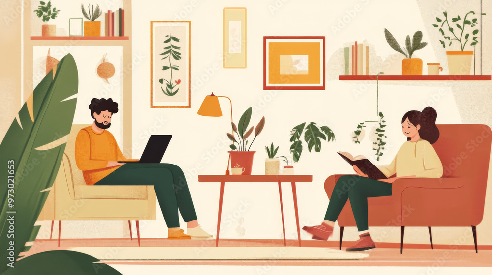 A cozy living room scene with a person working on a laptop and another reading a book A cozy living room scene with a person working on a laptop and another reading a book