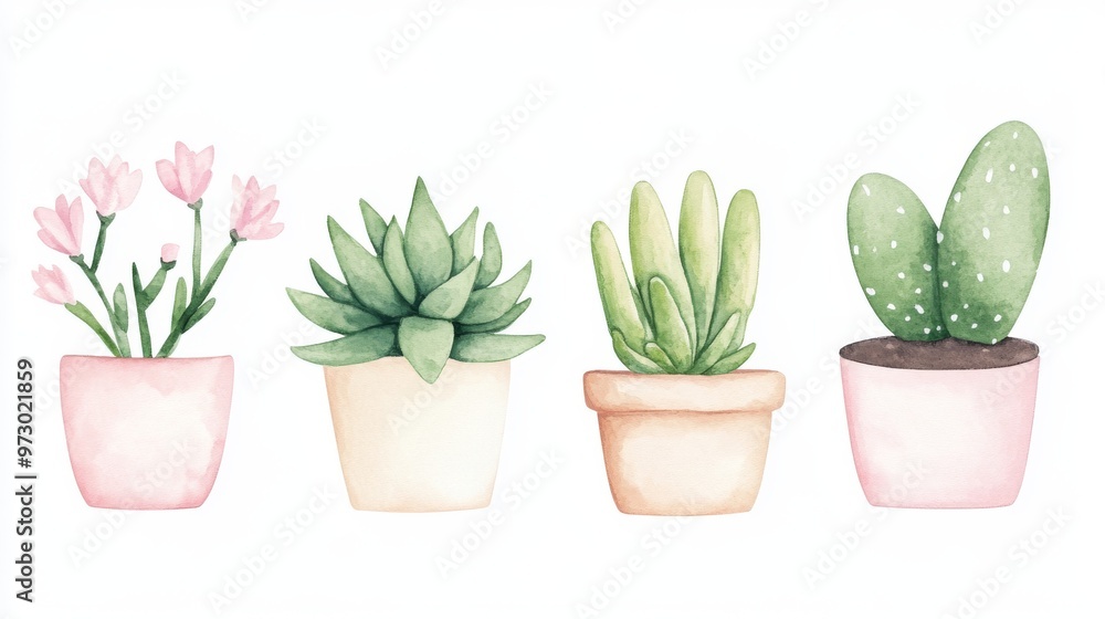 Obraz premium A beautiful watercolor illustration of potted plants, including succulents and flowers, perfect for home decor.