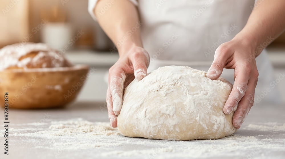 A baker's hands kneading soft dough, with flour scattered around, showcasing the craft of baking. Great for content related to baking, home kitchens, and culinary expertise. A baker's hands kneading soft dough, with flour scattered around, showcasing the craft of baking. Great for content related to baking, home kitchens, and culinary expertise.