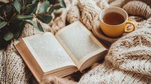 A cozy scene with a person wrapped in a blanket, sipping tea, and reading a book, representing self-care