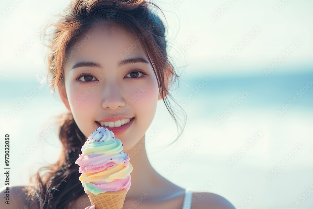 A young woman with long brown hair and a bright smile holds a colorful ice cream cone, a sweet treat on a warm summer day. A young woman with long brown hair and a bright smile holds a colorful ice cream cone, a sweet treat on a warm summer day.