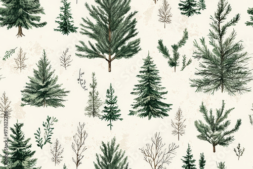 A woodland scene featuring vintage botanical Christmas trees creates serene and festive atmosphere. intricate details of each tree evoke sense of nostalgia and warmth