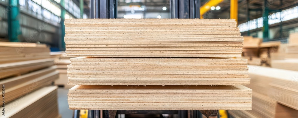 Obraz premium Plywood sheets stacked on a forklift in a busy factory, ready for shipment, high-energy industrial setting plywood industry, shipping
