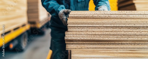 Worker in a hard hat loading plywood boards onto a truck, logistics and transportation in the plywood industry plywood industry, transportation