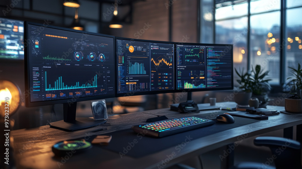 A desk with multiple screens displaying charts and graphs of content performance metrics and strategies A desk with multiple screens displaying charts and graphs of content performance metrics and strategies
