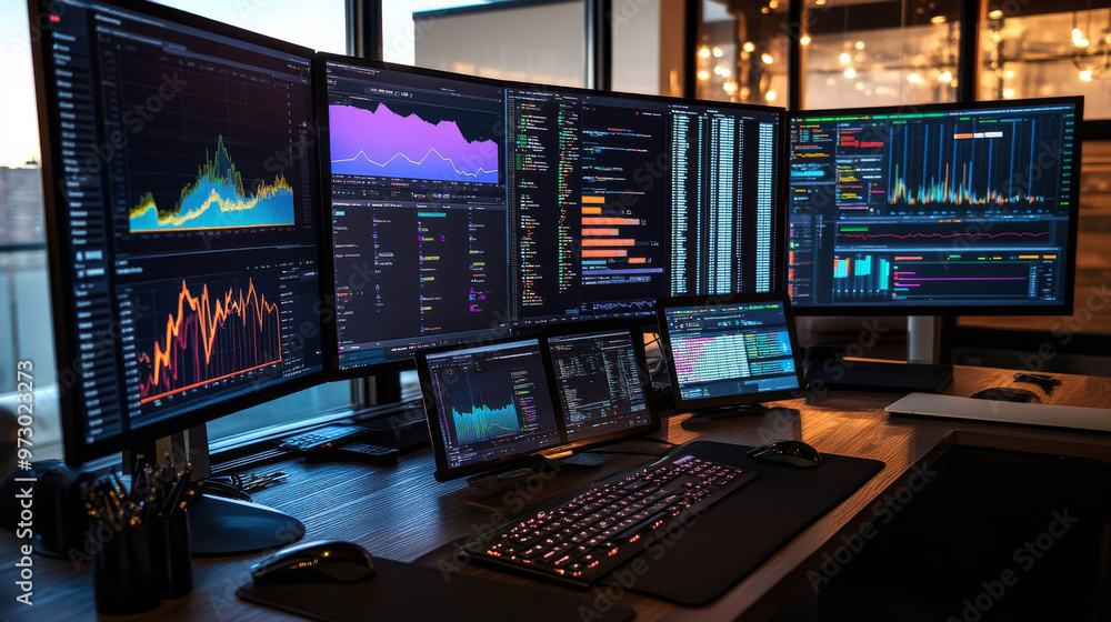 A desk with multiple screens displaying charts and graphs of content performance metrics and strategies A desk with multiple screens displaying charts and graphs of content performance metrics and strategies