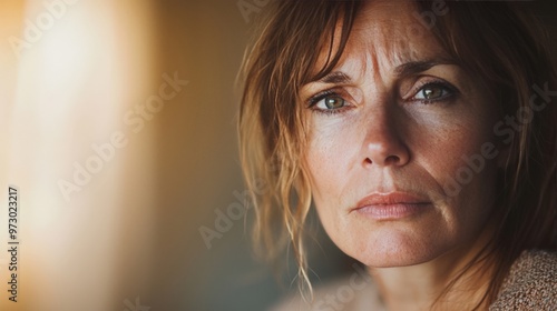 Close-up portrait of a woman with a thoughtful expression, dealing with health issues, soft lighting, blurred background