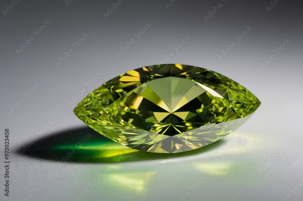 Fototapeta premium An eye-catching green gemstone with a unique cut, reflecting light beautifully, ideal for elegant jewelry and design projects.