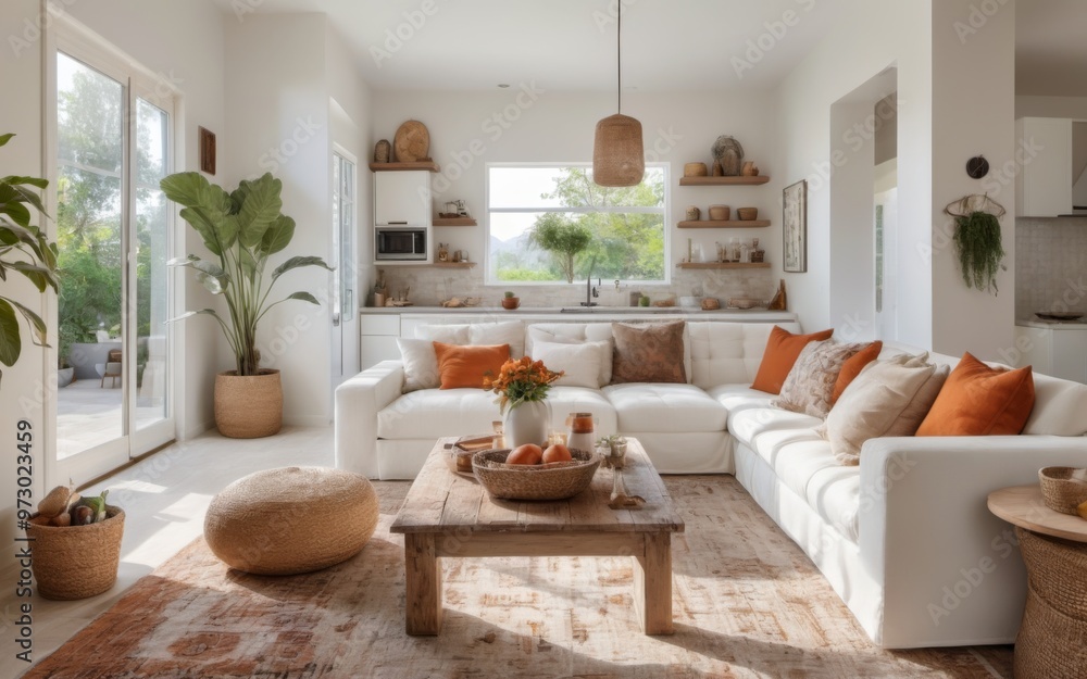 Obraz premium Modern Living Room with High Ceilings, Large Window, Geometric R