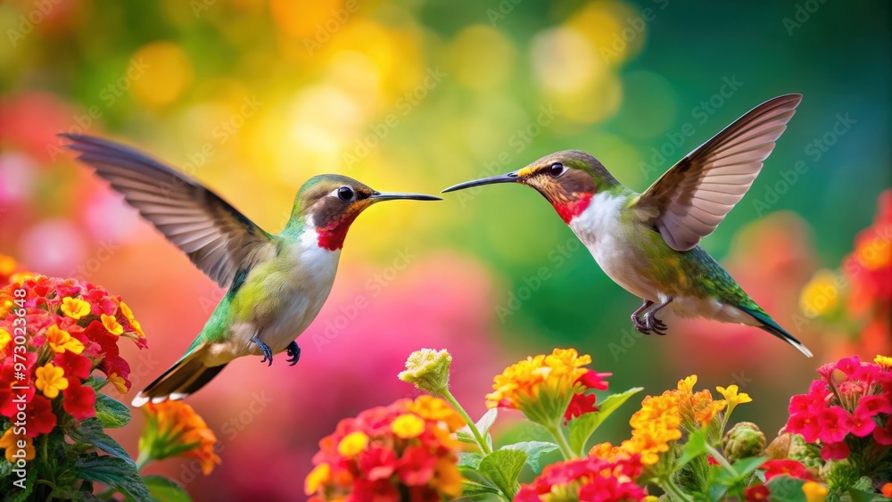 Fototapeta premium Hummingbirds gracefully feeding on vibrant flowers , nature, wildlife, hummingbird, feeding, flowers, vibrant, colorful, pollen