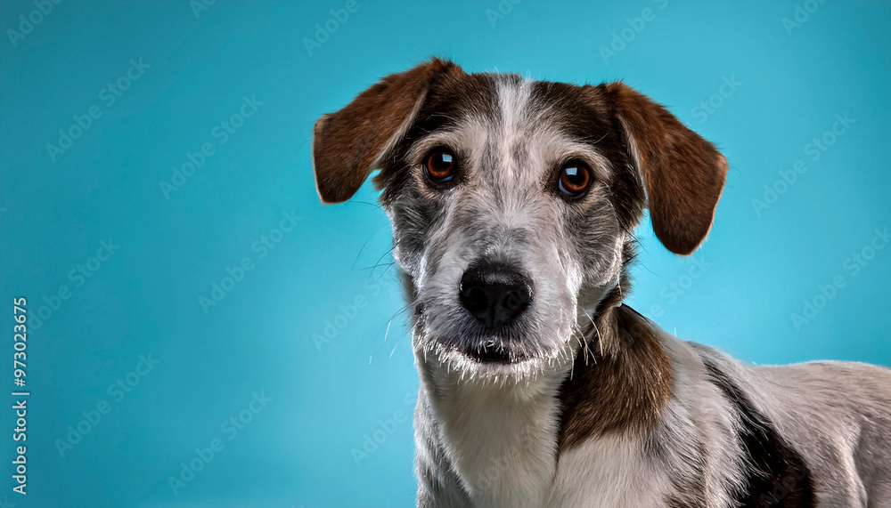 Cute adult dog standing and looking at camera isolated on light blue background Cute adult dog standing and looking at camera isolated on light blue background