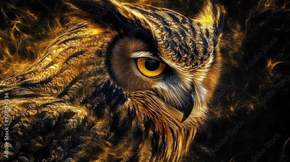 Sophisticated golden owl in detailed graphic design on a dark canvas, highlighting beauty in nature and wildlife themes. Sophisticated golden owl in detailed graphic design on a dark canvas, highlighting beauty in nature and wildlife themes.