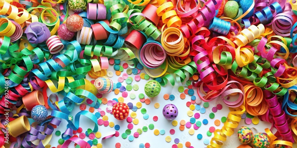Obraz premium Colorful festive overlay of party streamers, serpentine, curly paper ribbons